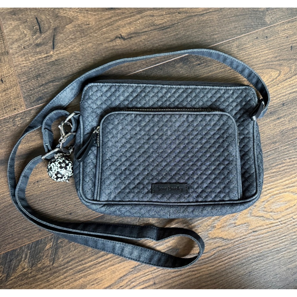 Vera Bradley Quilted Denim Crossbody Bag Gray Shoulder‎ Bag Floral Lining